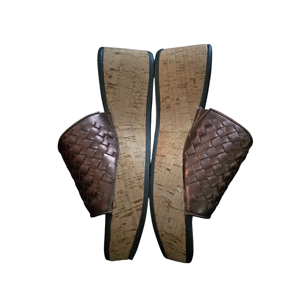 Donald J Pliner‎ Womens Bronze Metallic Woven Leather Cork Wedge Sandals sz8
